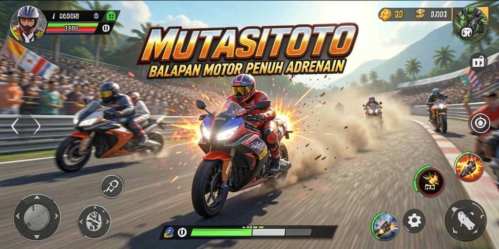 Tangkapan layar MUTASITOTO menampilkan aksi balapan motor yang mendebarkan.