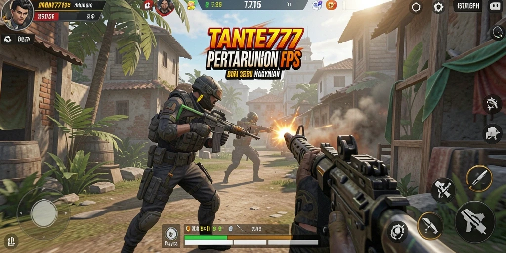 Tampilan screenshot utama TANTE777 menampilkan aksi pertempuran seru di lingkungan FPS.