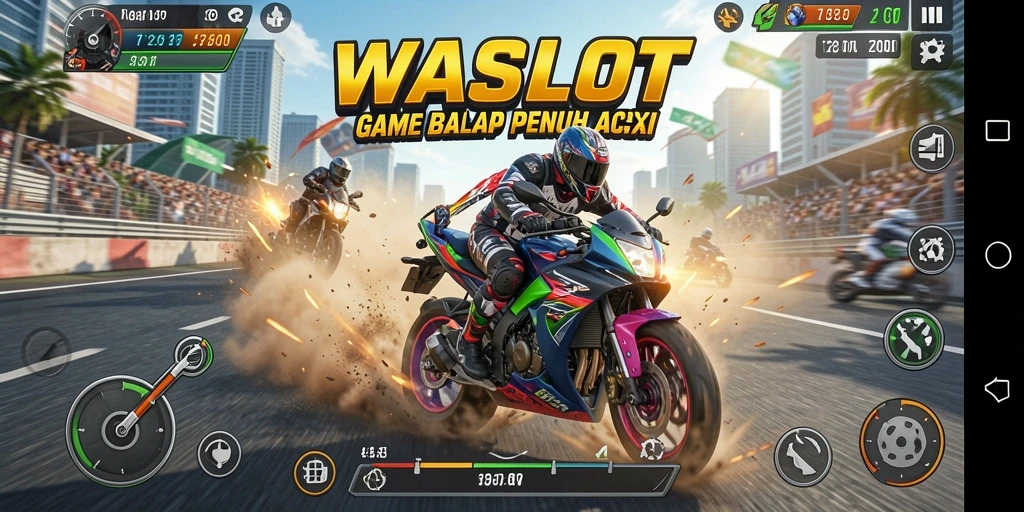 Tampilan gameplay seru dari GAME WASLOT dengan berbagai lintasan balap motor.